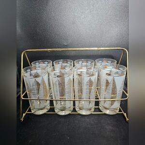 Vintage MCM Libby Golden Foliage Highball Glasses With‎ Carrier